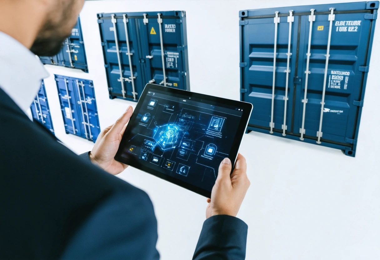 A professional setting with a person reviewing security plans on a tablet, surrounded by images