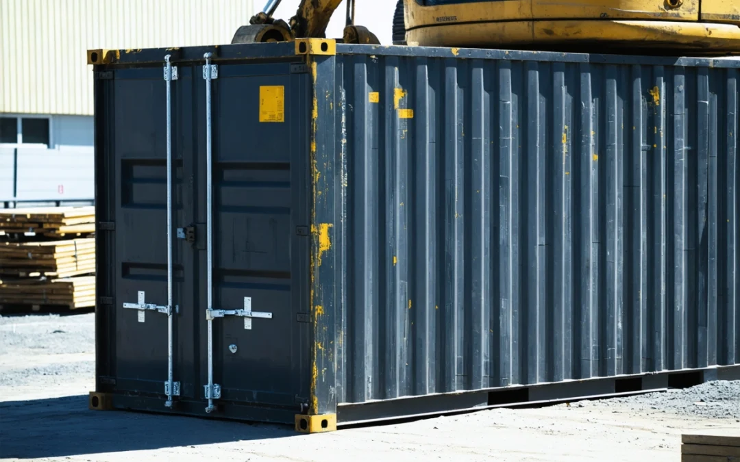 Secure storage container at a construction site, emphasizing sturdy exterior and lock.
