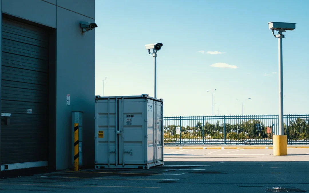 Secure storage container near building, well-lit and monitored by security cameras under clear sky.