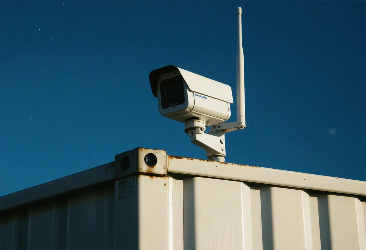 Wireless security camera on container, active night vision, starry sky
