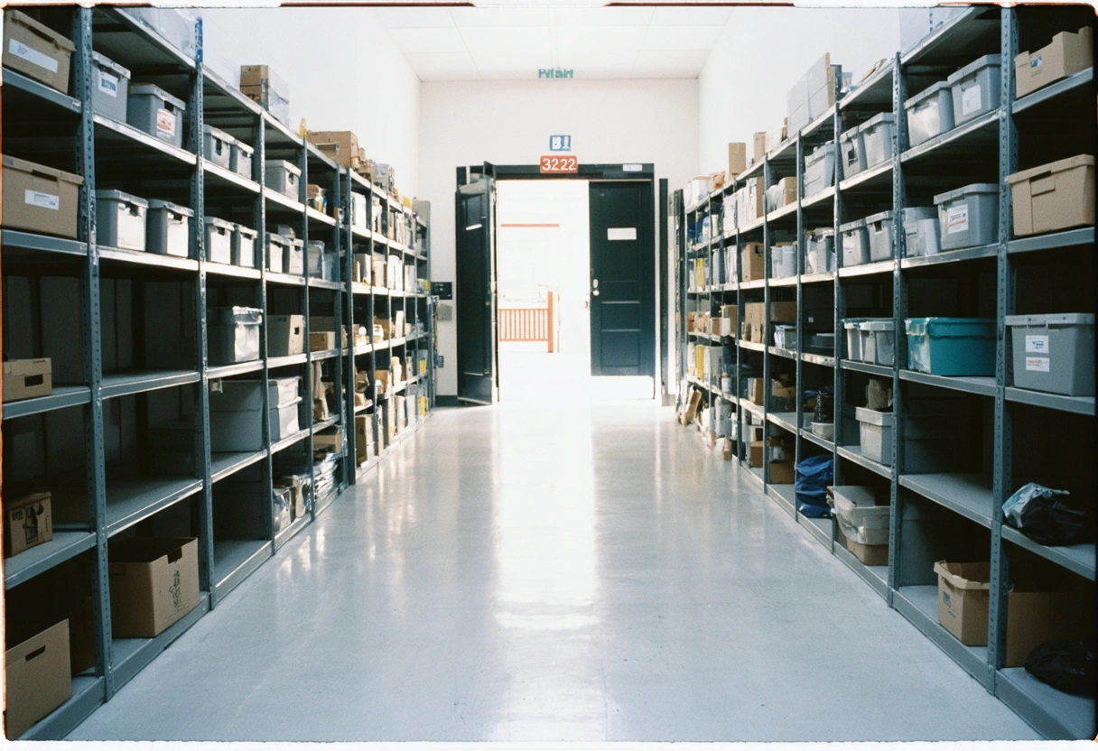 Adaptive storage container with modular shelving and adjustable units, organized for changing business needs. Bright