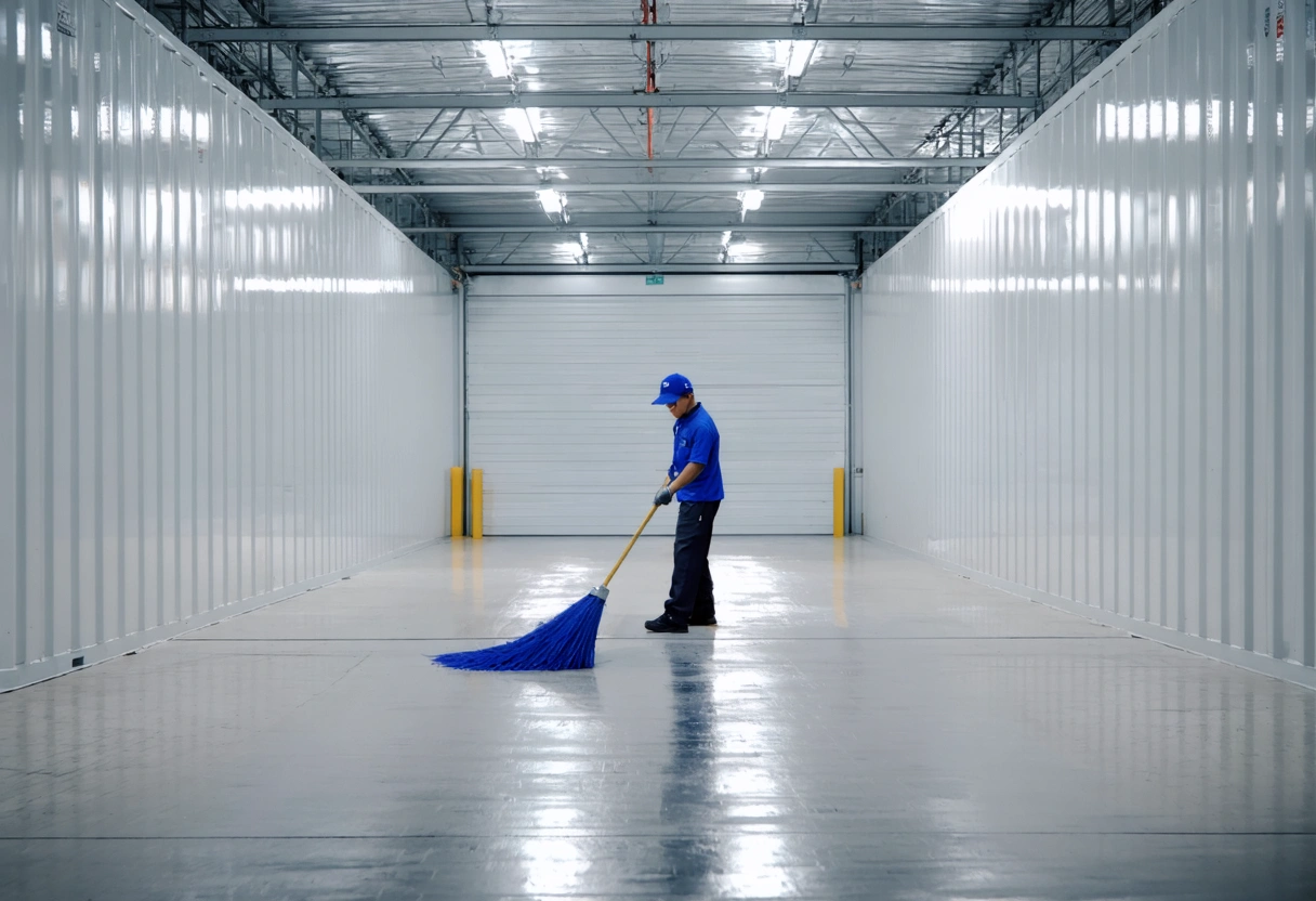 Person sweeping floor in clean, well-lit empty storage container