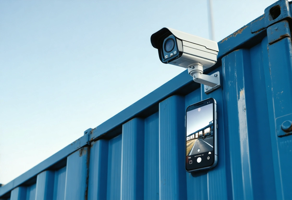 An IP camera mounted on a storage container, capturing real-time footage, with a smartphone displaying