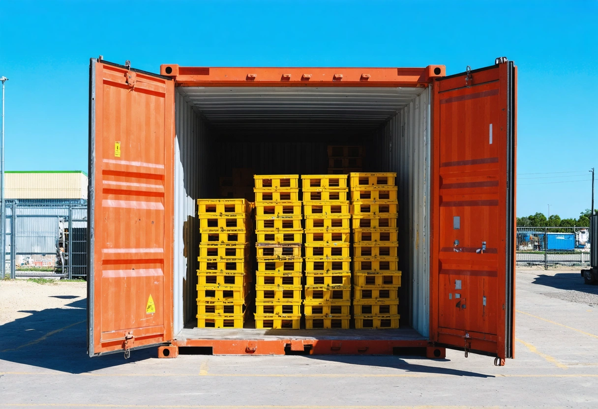 An on-site storage container with open doors revealing neatly stacked construction materials inside. Sunny day,