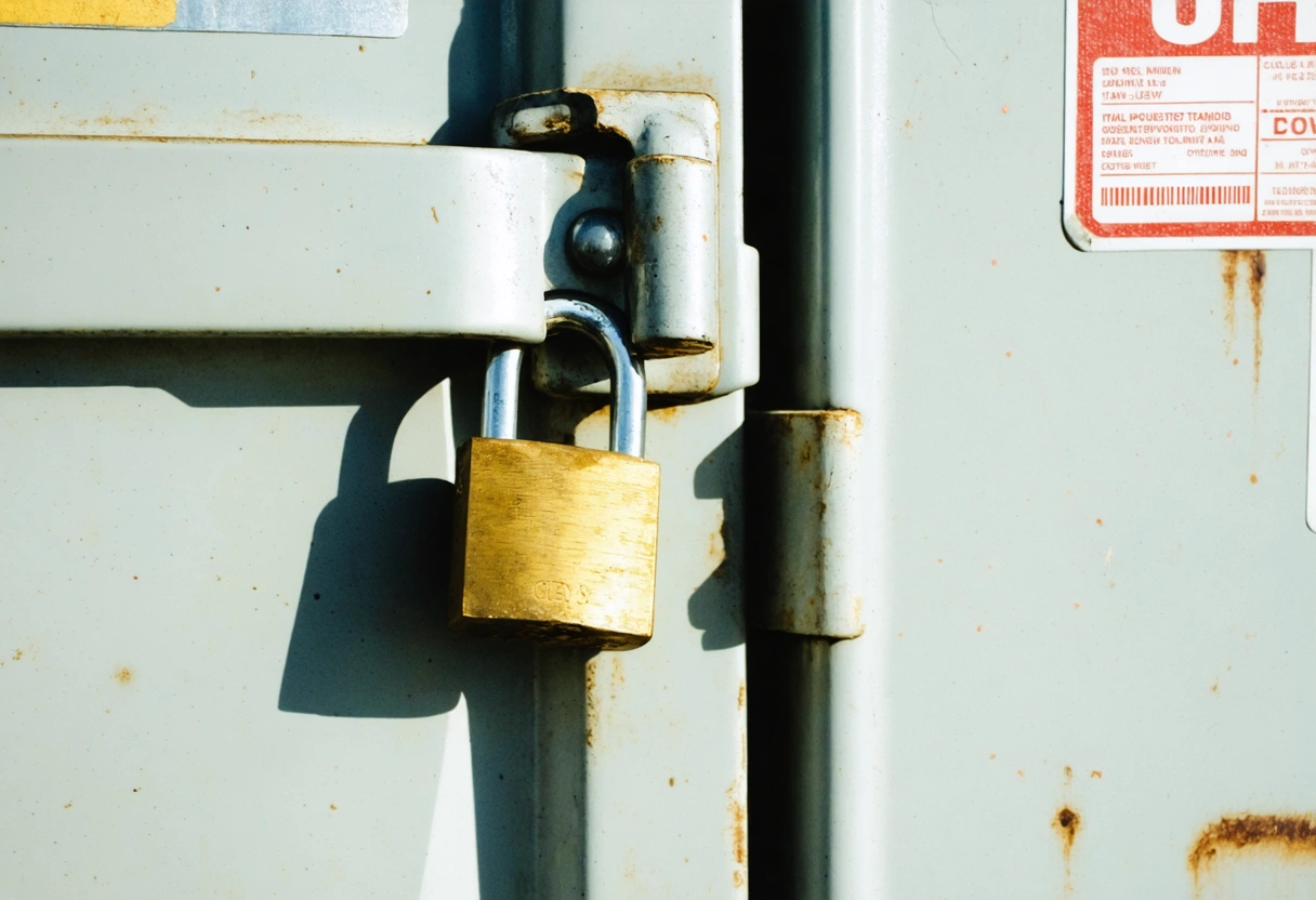Close-up of a heavy-duty padlock on a storage container door, showcasing its robust design and
