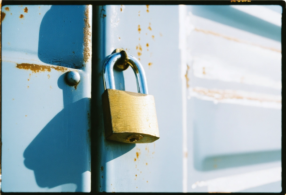 Close-up of a durable padlock on a storage container door