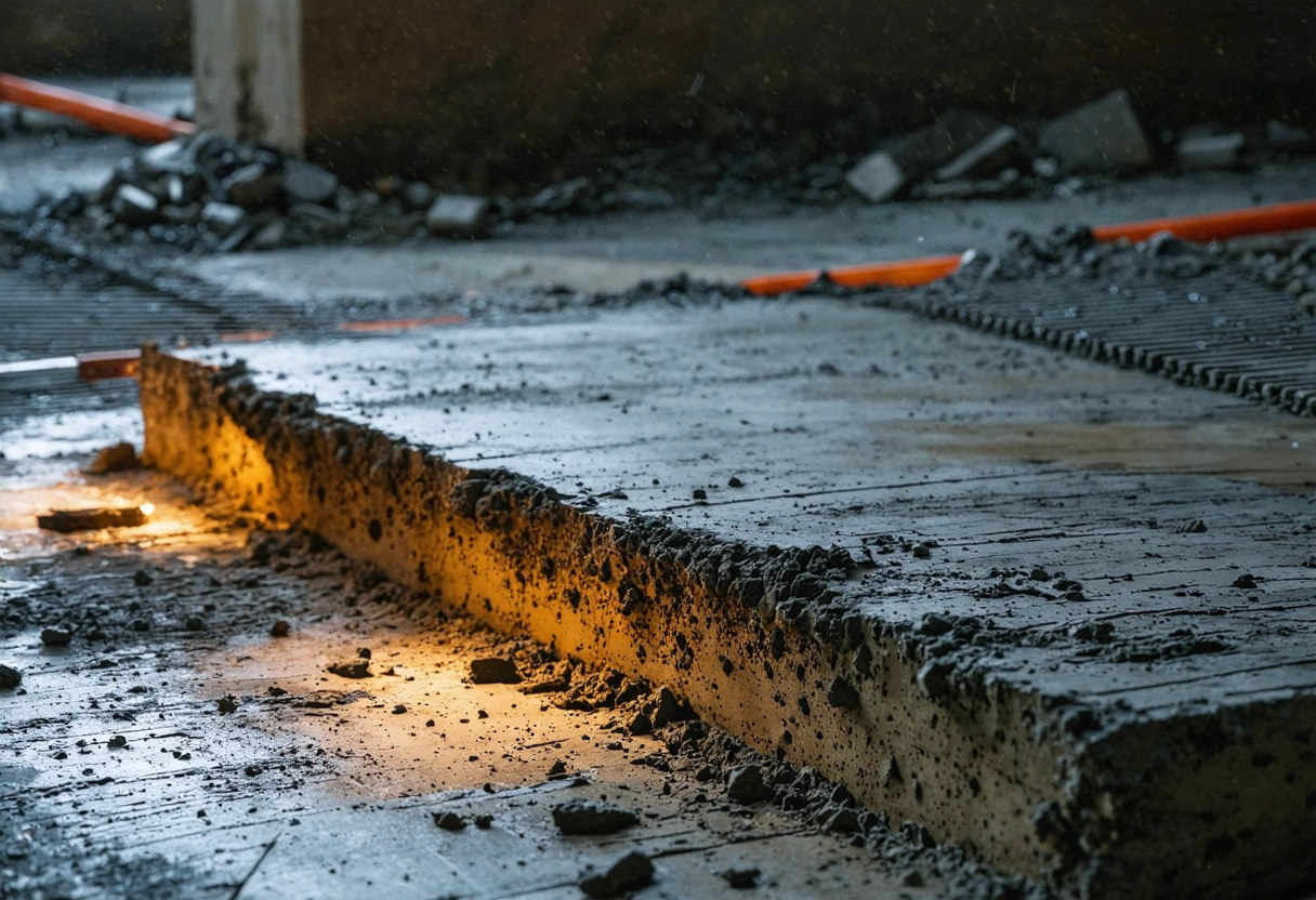 Close-up of concrete curing under a heat lamp on a construction site, illustrating temperature impact.