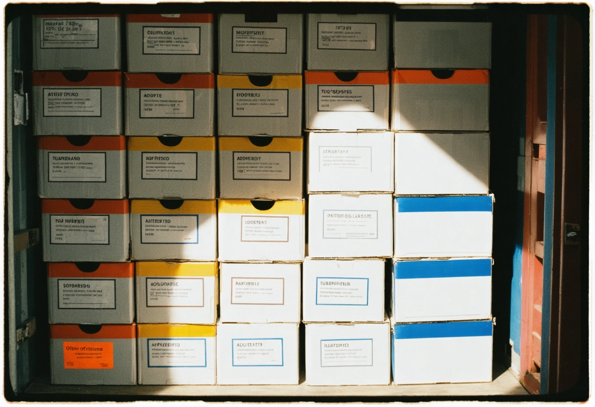 Close-up of labeled boxes inside a storage container, color-coded labels, bright lighting, organized, tidy, focus
