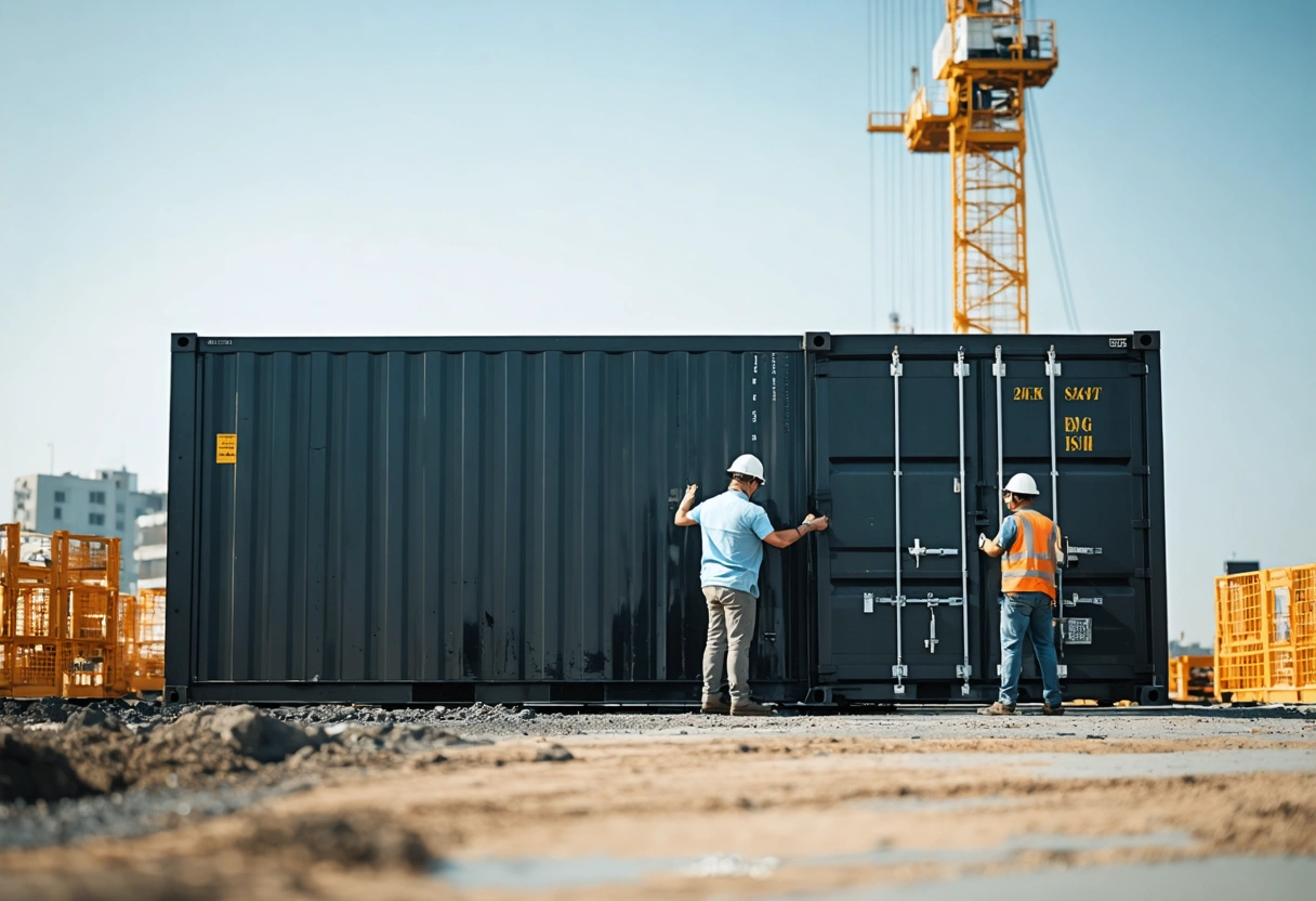 Customized modular storage container, workers interacting, clear sky, modern design.