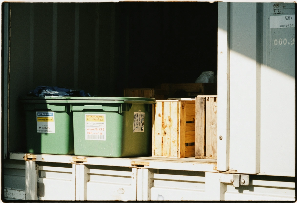Eco-friendly container with recycled bins, wooden crates, sunlight filtering through