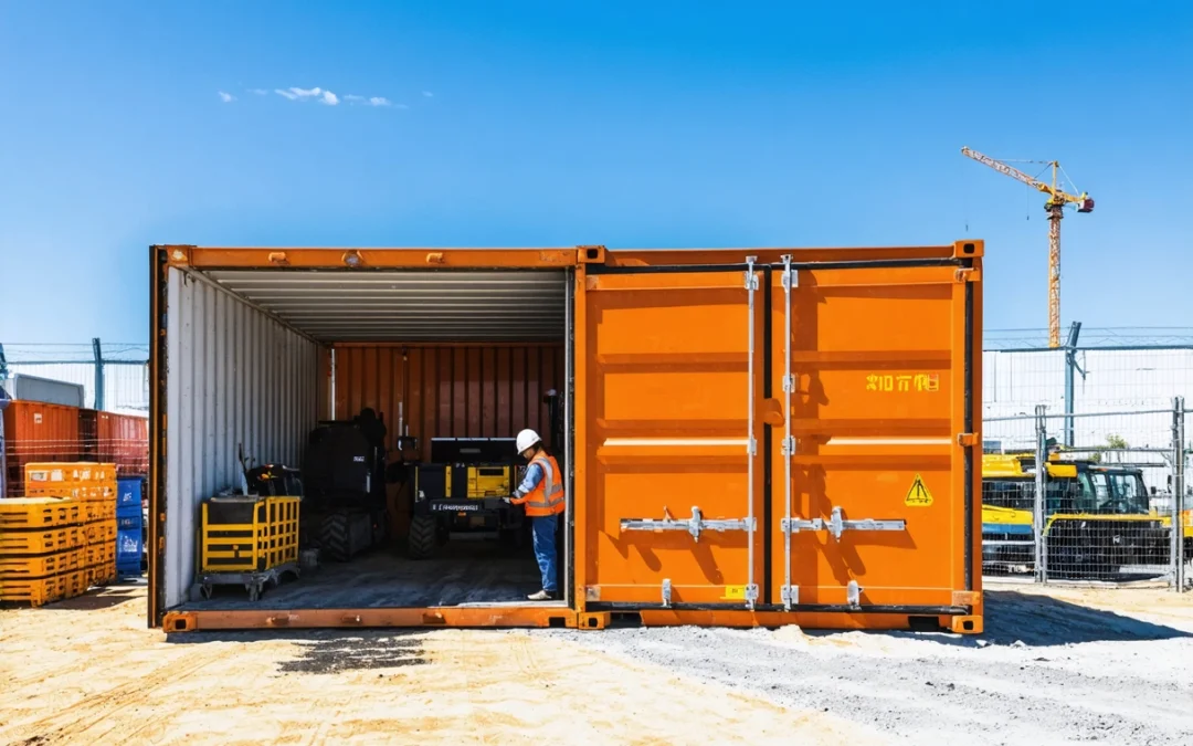 On-site storage container at construction site with workers accessing tools on a sunny day.