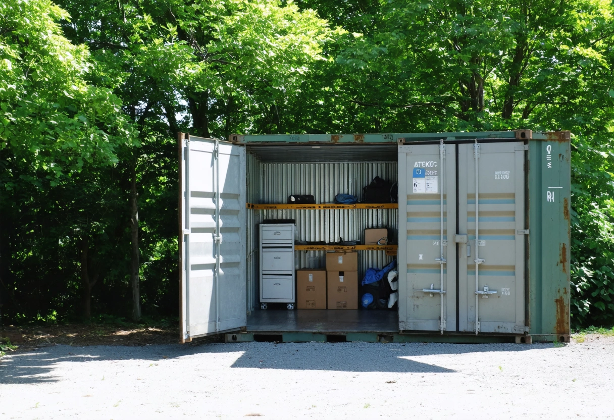 Storage container exterior with open doors, organized interior, sunny day