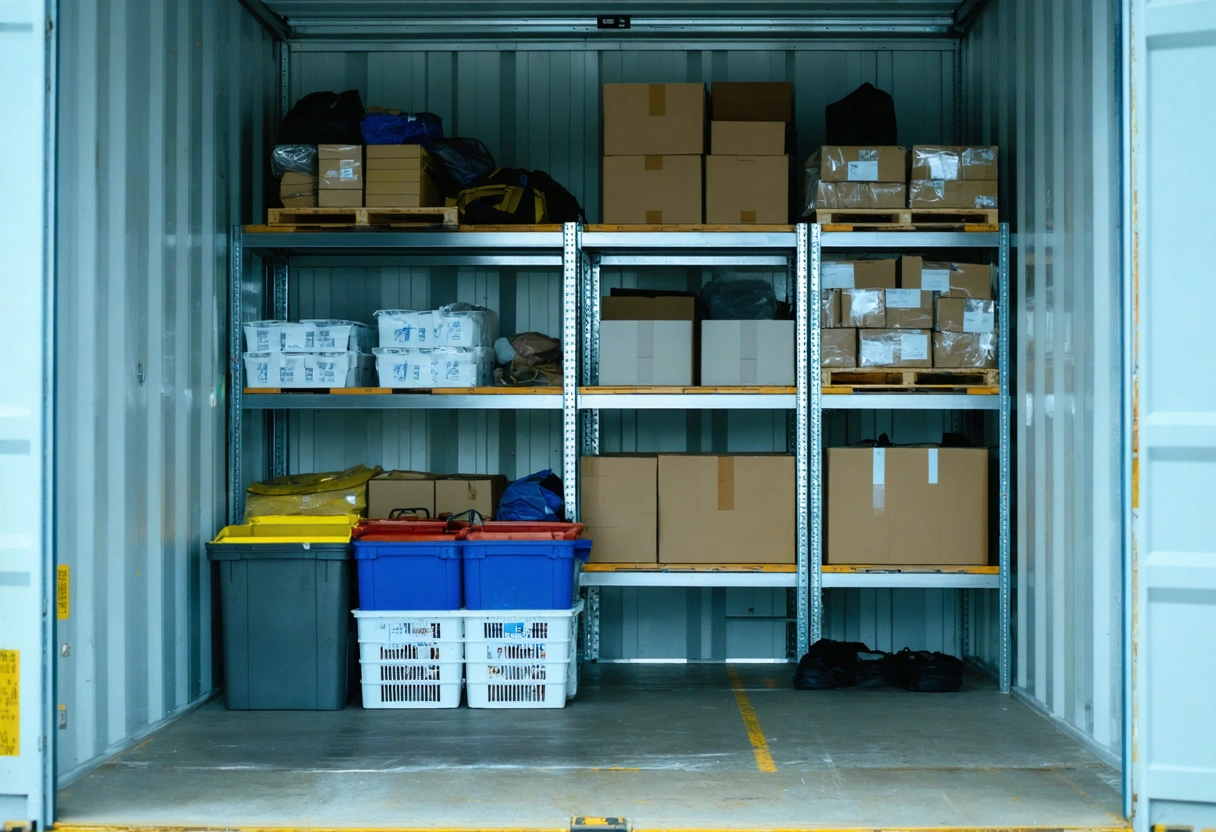 Interior of a climate-controlled on-site storage container with shelves and lighting, storing temperature-sensitive goods, organized,
