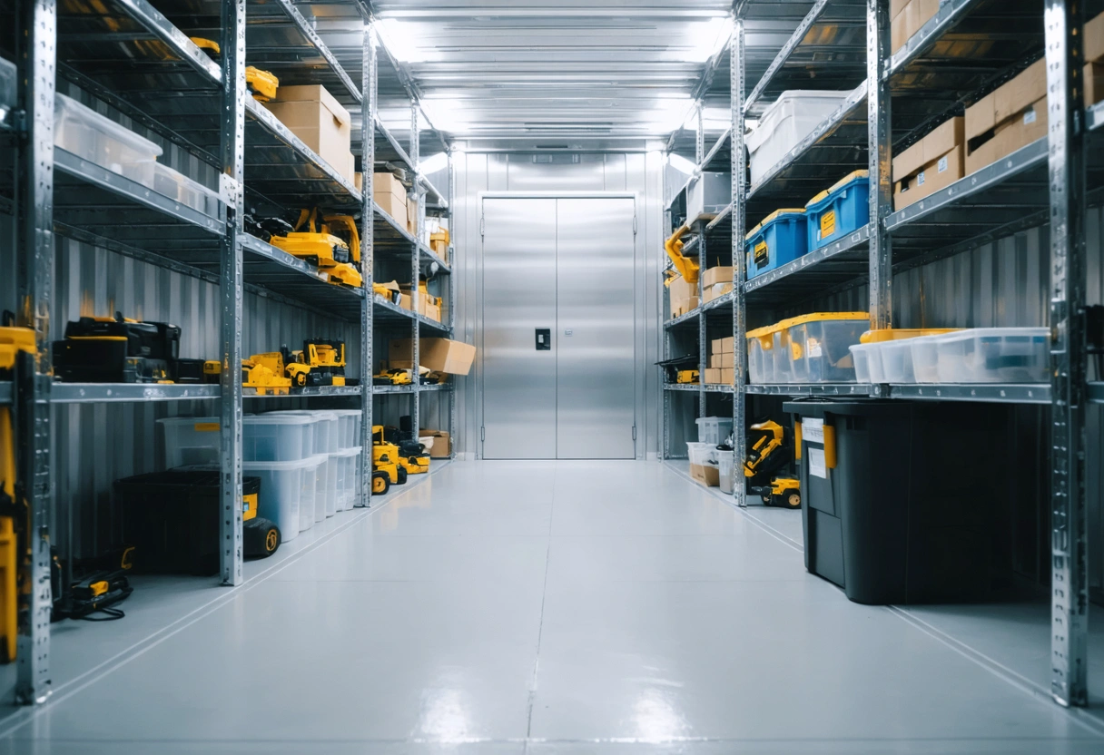 Interior of a customized storage container with shelves and climate control features. Bright lighting, organized