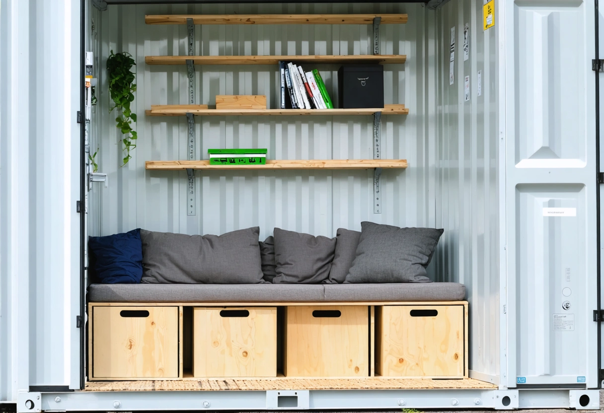 Interior of a storage container with multi-purpose furniture, storage bench with open compartment, bright lighting,
