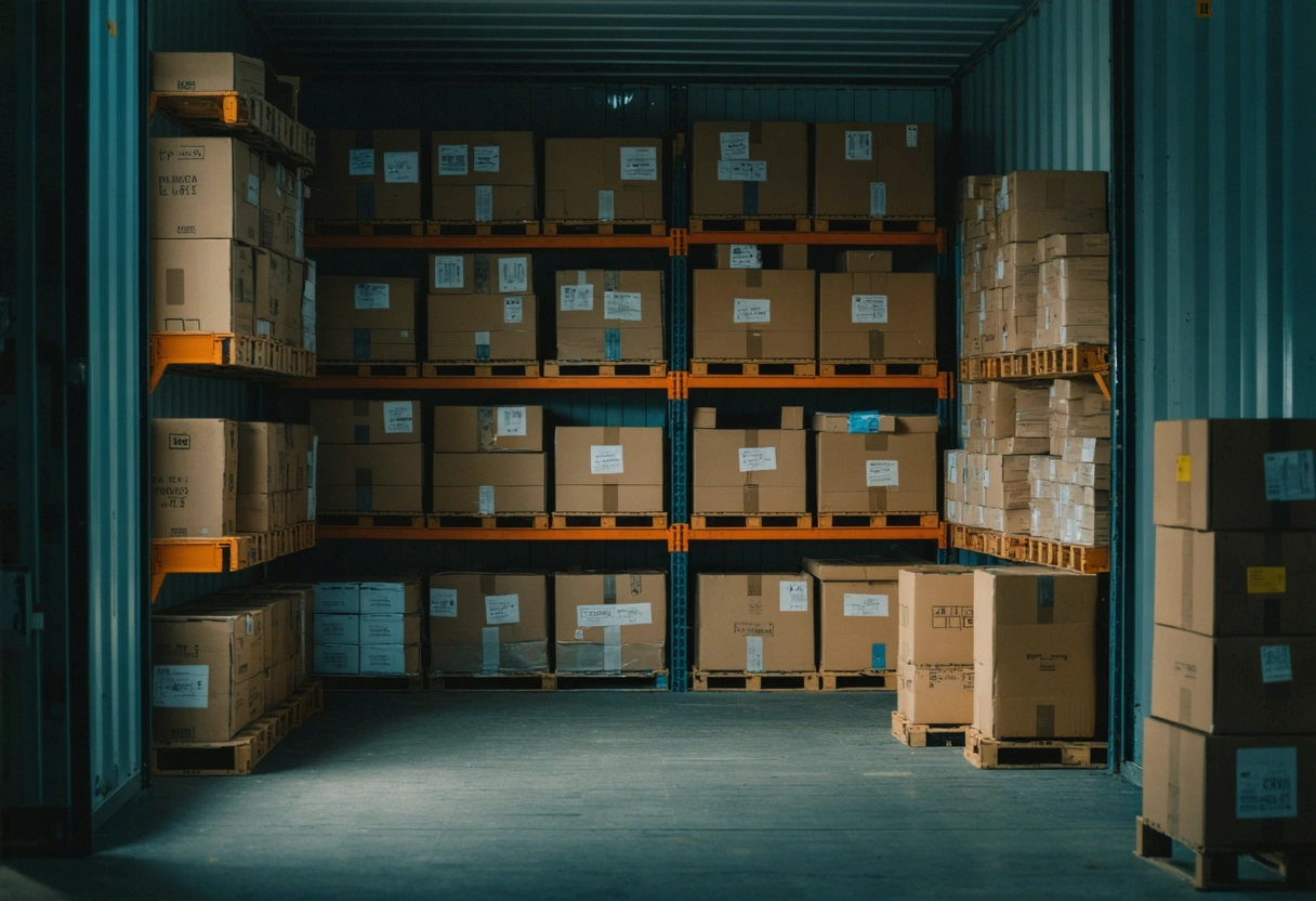 Neatly stacked boxes and shelves inside a well-lit storage container