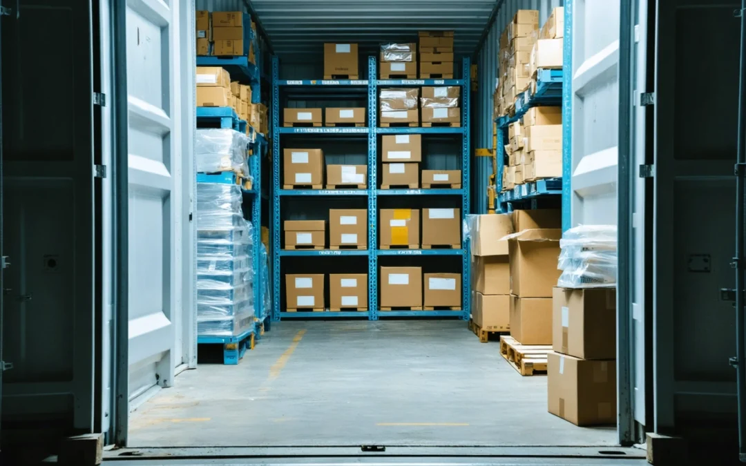 Organized storage container interior with labeled shelves, bright lighting, and spacious layout.