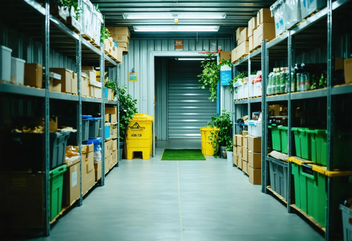 Interior of an eco-friendly storage container with recycled material shelves and LED lighting. Bright, sustainable,