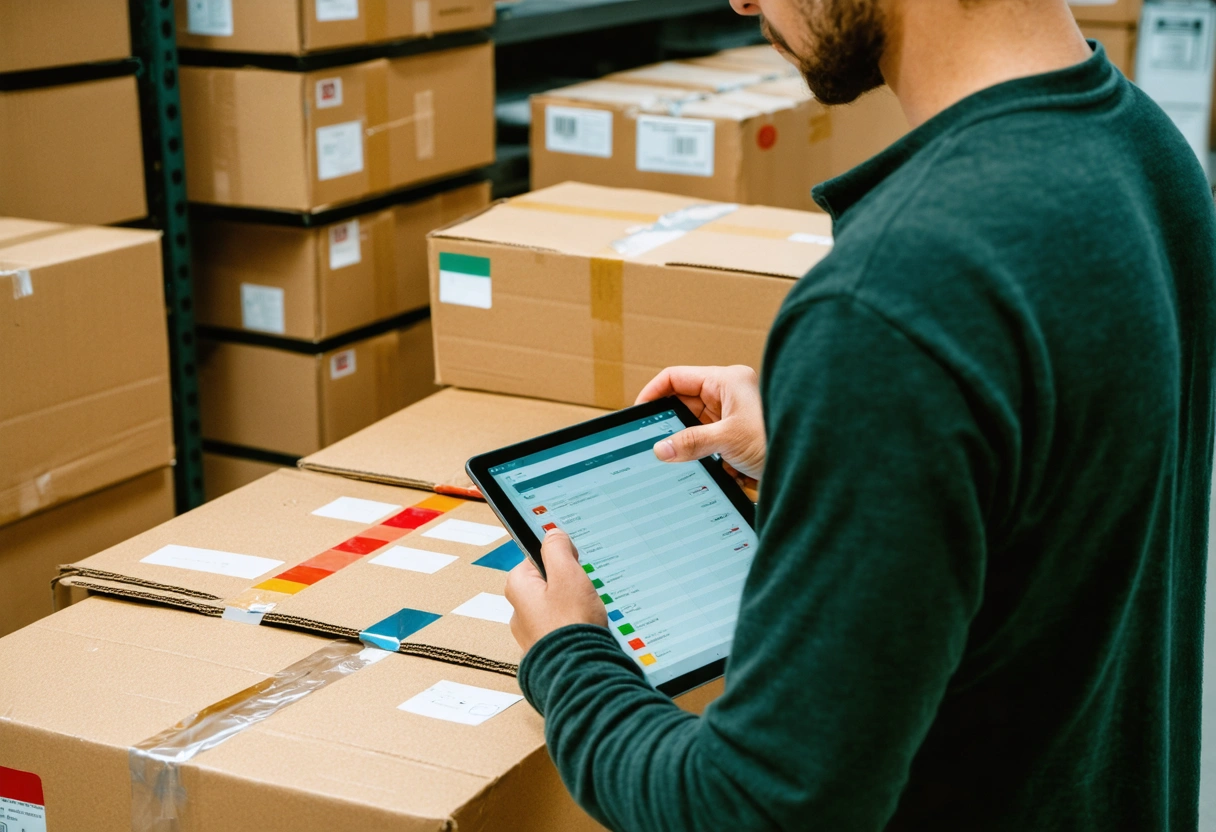 Person in a tidy storage room labeling cardboard boxes and checking a digital inventory list on a tablet