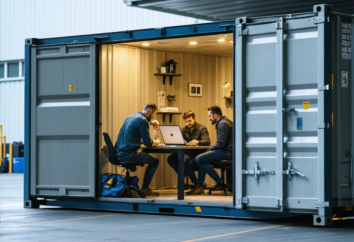 On-site storage container as mobile office, workers discussing plans, cozy interior.