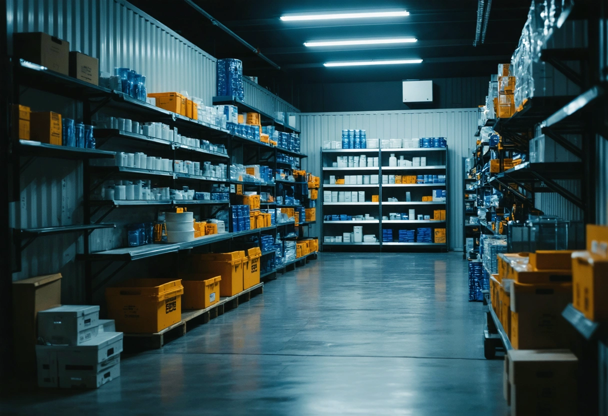 On-site storage container in a retail environment, organized inventory overflow, promotional items, secure setting, daytime,