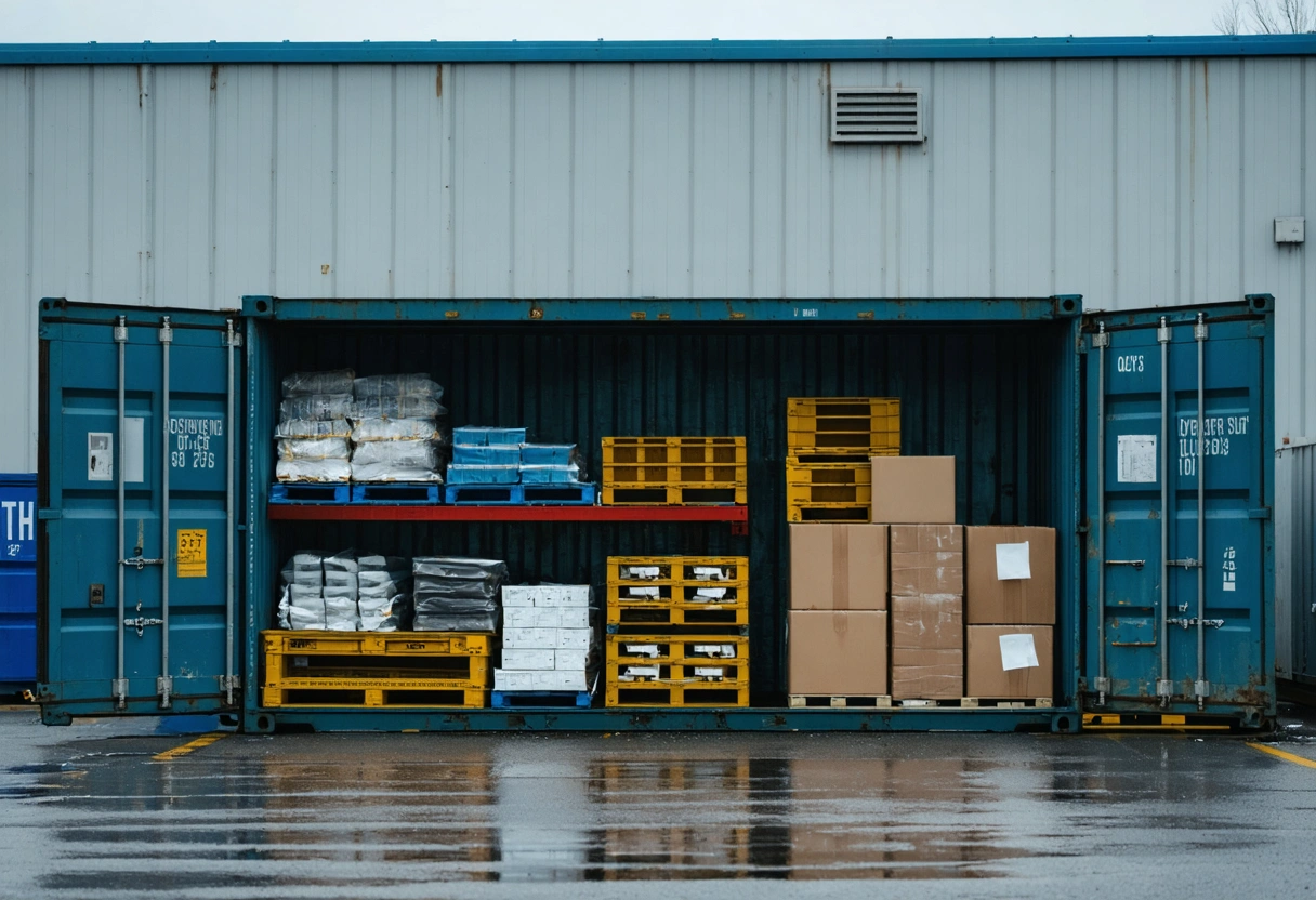 On-site storage container used for disaster preparedness, storing emergency supplies, organized layout, secure environment, professional,