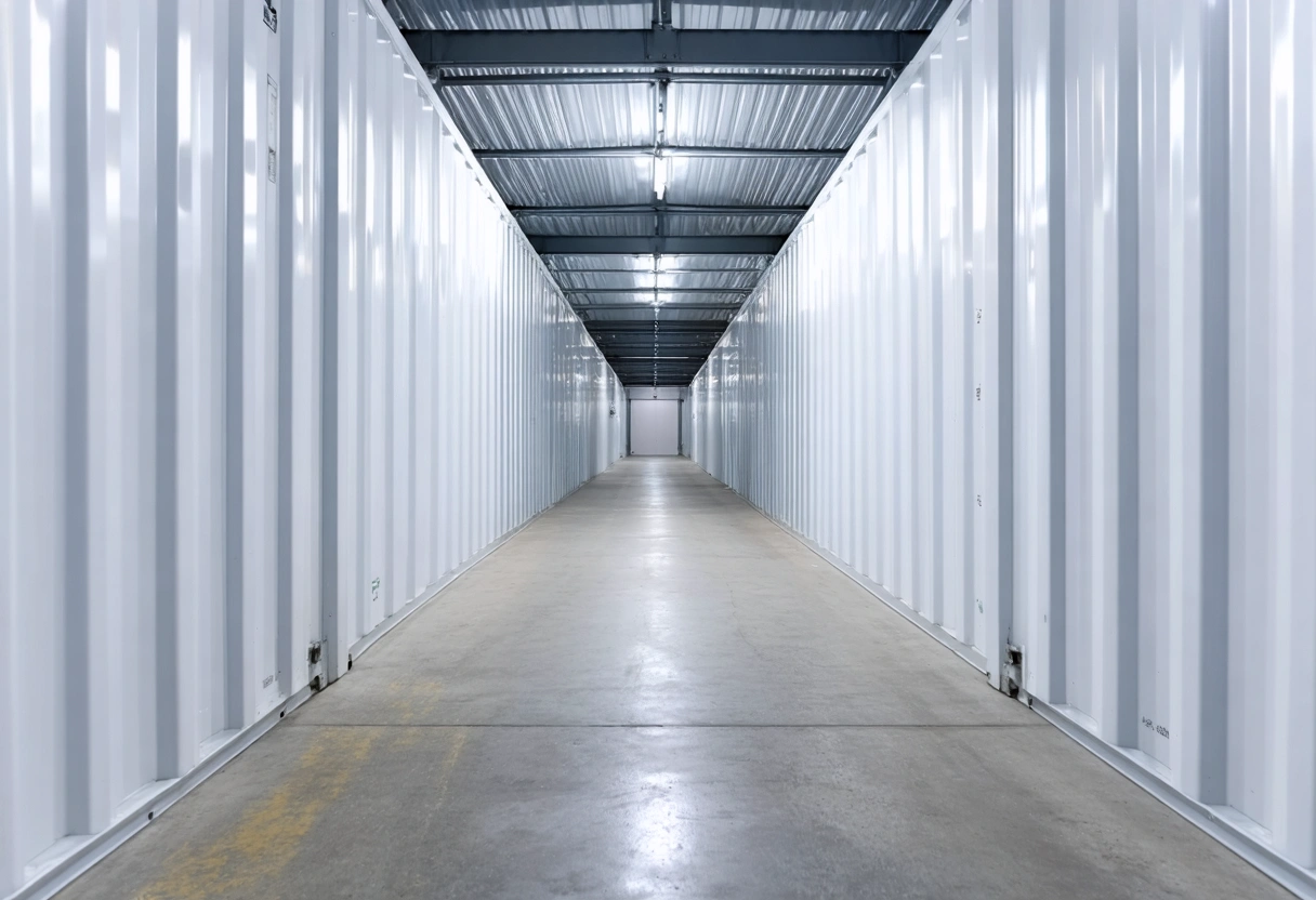 Overview of a well-organized storage container with clear pathways, labeled sections, and efficient use of