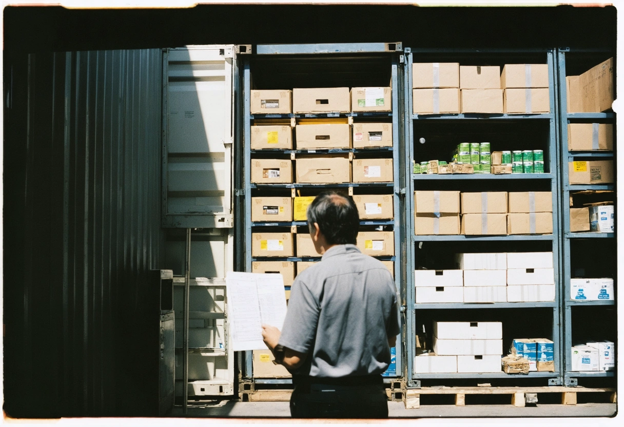 Person reviewing inventory list in container, organized shelves, natural lighting