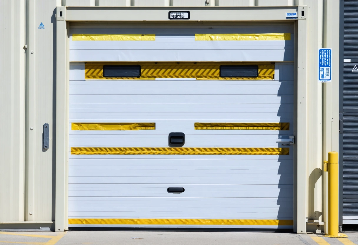 Storage container door with intact tamper-proof seals and barriers
