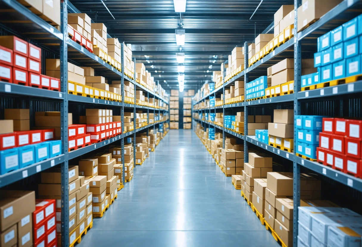 Storage container interior with color-coded labels on shelves and boxes, barcode scanner in use. Bright