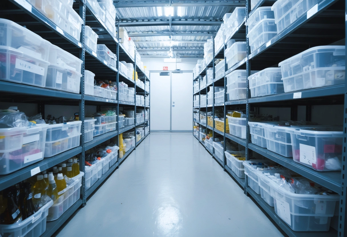 Storage container interior with shelves, labeled bins, bright lighting, organized atmosphere