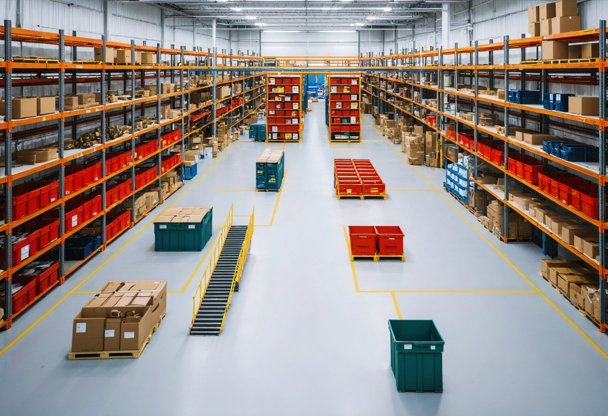 Storage container layout plan with labeled zones for tools, materials, and products. Overhead view showing