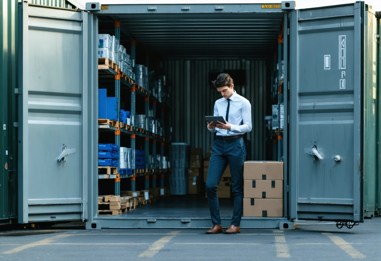 Container with modular shelves, person using tablet, modern and well-lit atmosphere