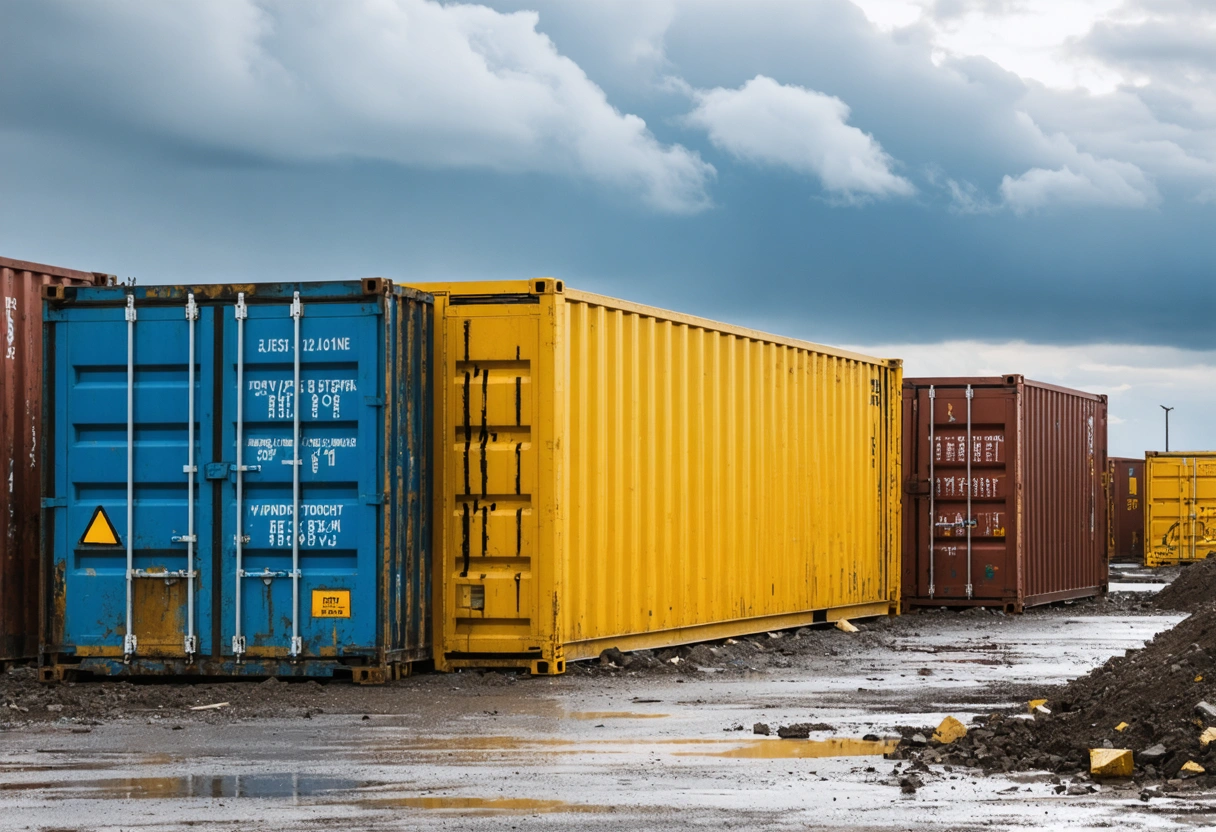 Storage containers lined up on a windy construction site, protecting materials from debris. Windy atmosphere,
