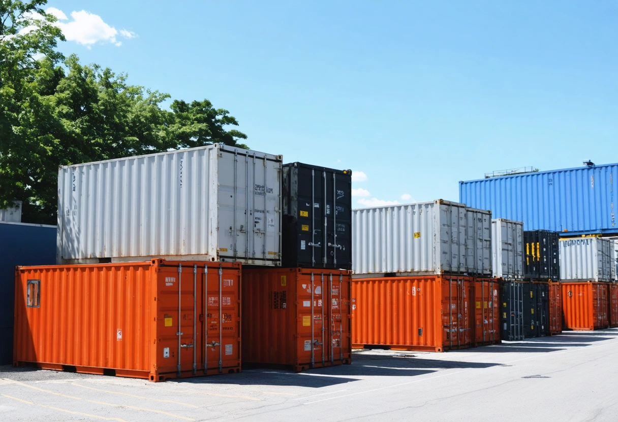 Urban environment with creatively placed on-site storage containers, modular design, maximizing space, compliance with zoning