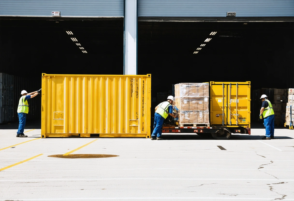Versatile on-site storage containers in an industrial setting, eco-friendly design, secure and efficient, workers moving