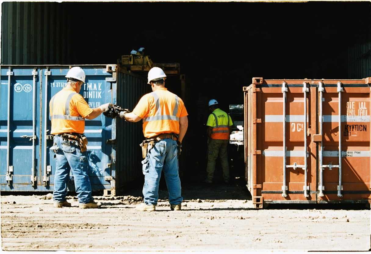 Workers accessing tools from storage containers, bright lighting, productive atmosphere.