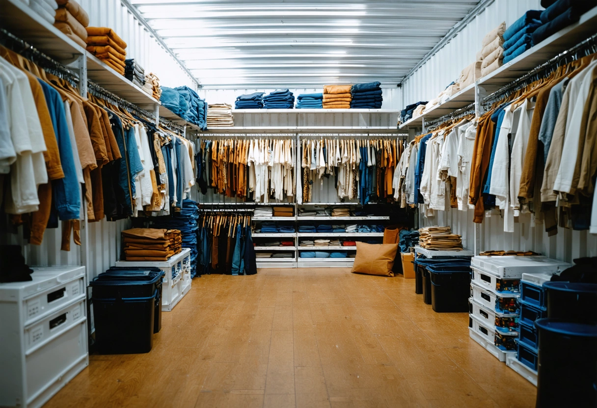A boutique clothing retailer organizing inventory in a 20-foot storage container with custom shelving. Well-lit