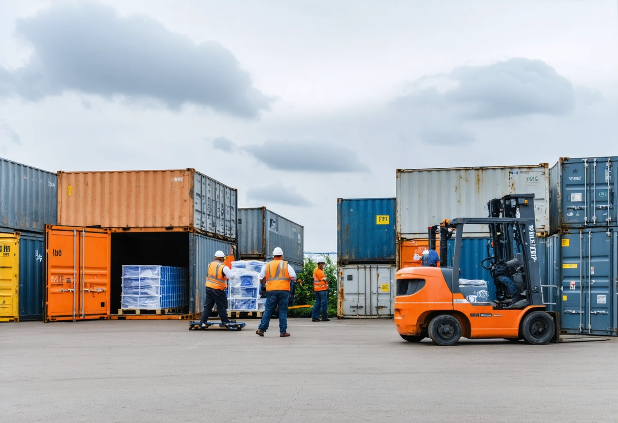 A business site with multiple on-site storage containers, some open showing organized interiors. Workers efficiently