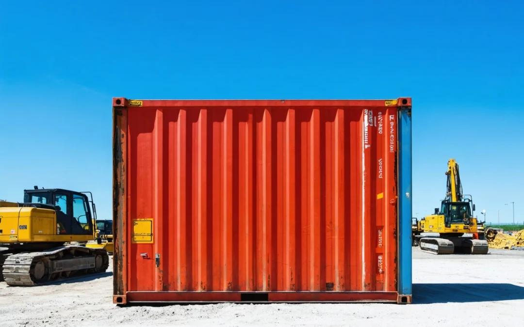 Vibrant industrial storage container on construction site, surrounded by equipment under clear blue sky.