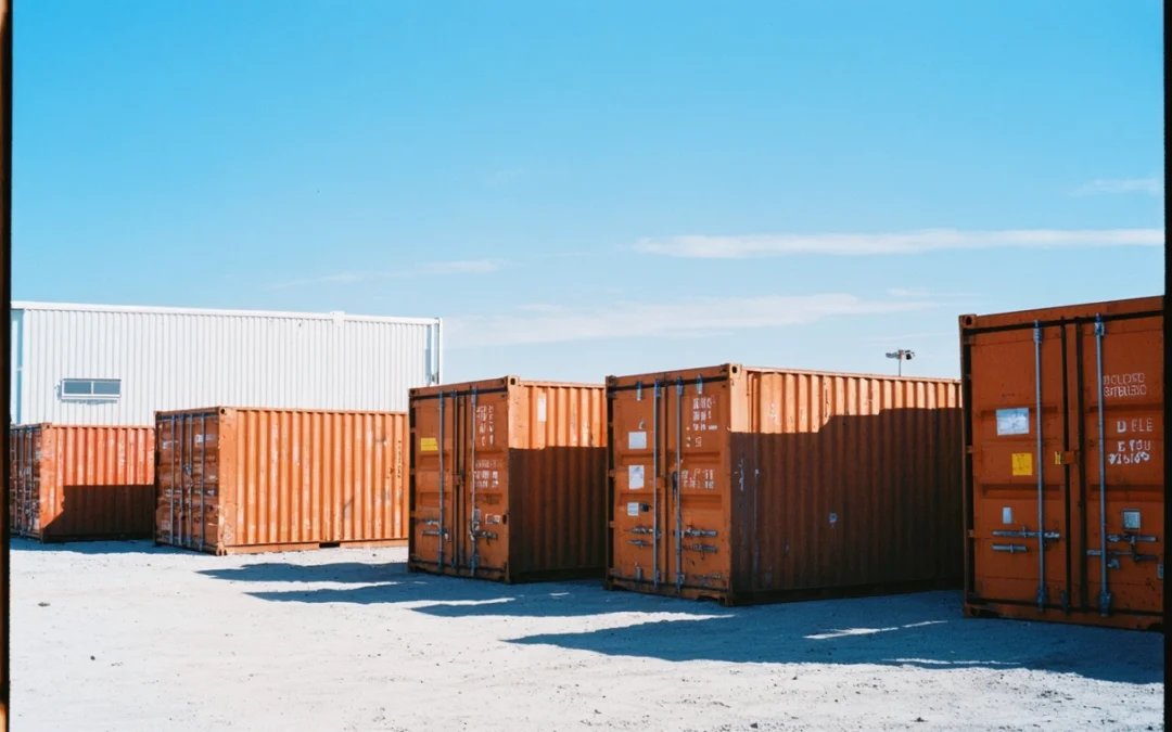 Modern construction site with neatly arranged on-site storage containers under clear skies.