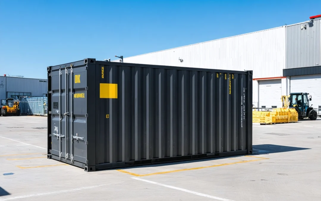 Modern on-site storage container in urban setting, highlighting robust construction and security.