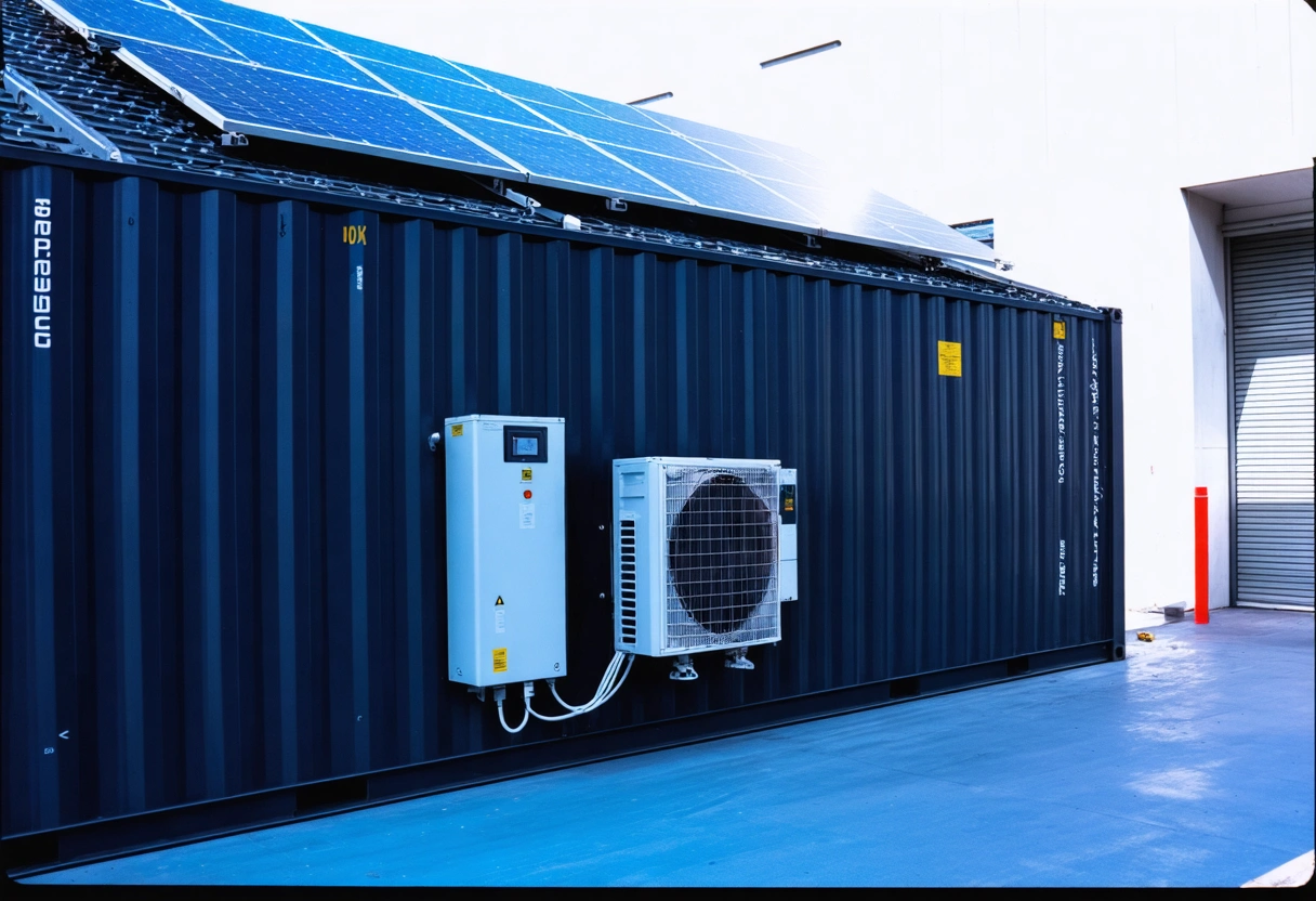 A modern storage container with solar panels and climate control units, set in a tech-focused