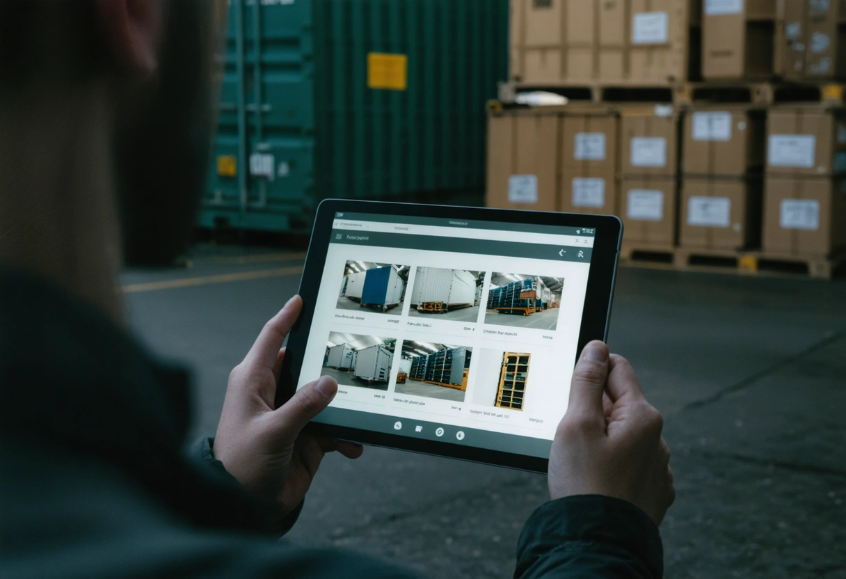 Person using tablet for inventory management with container in background