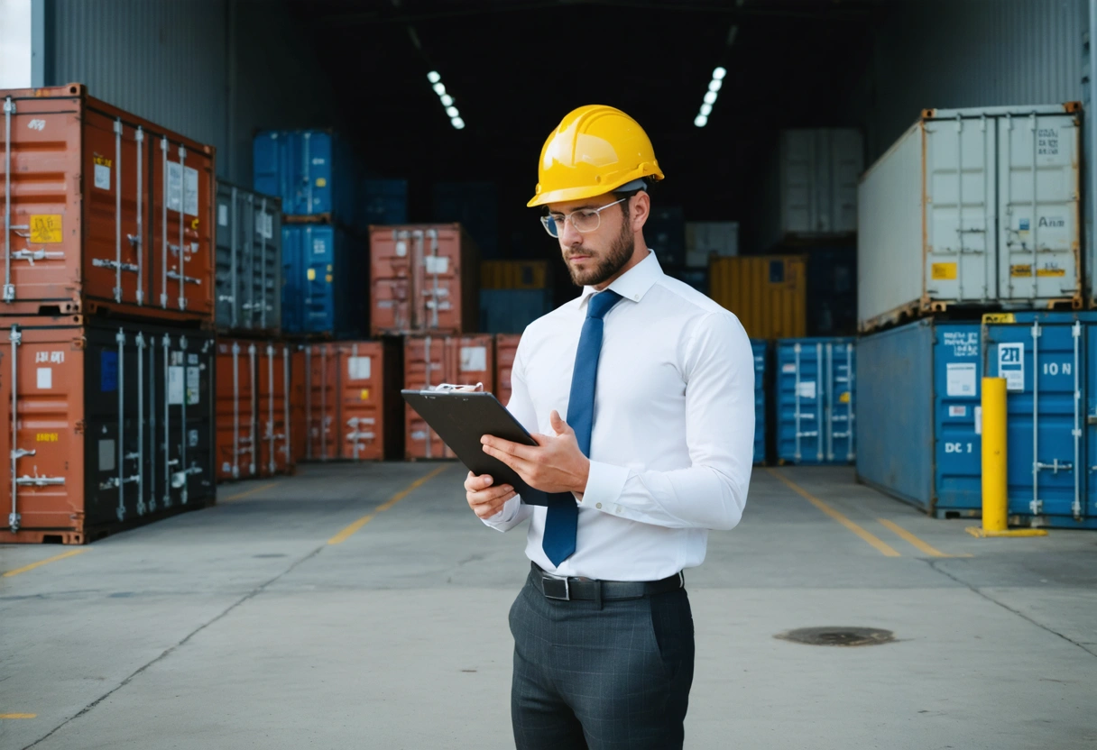 A person with a clipboard assessing storage container sizes in a storage yard, surrounded by