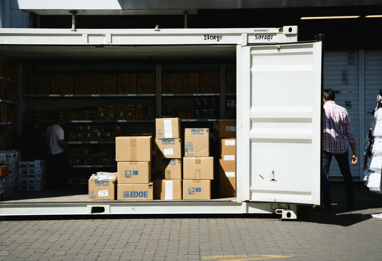 A retail store with a branded storage container nearby, filled with inventory boxes. The store