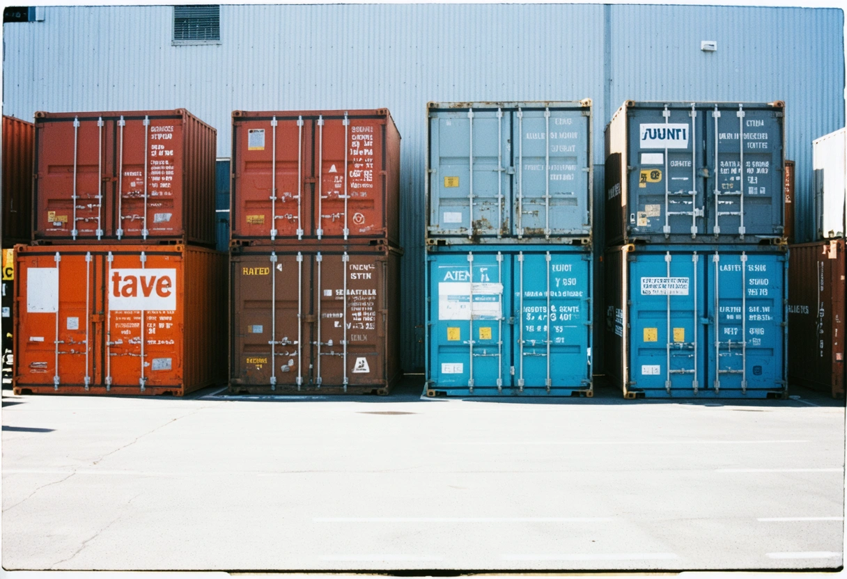 A row of storage containers in a commercial area, each with different branding. The scene