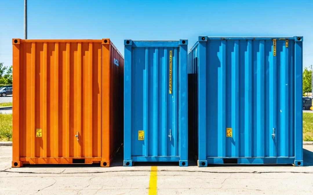 "10, 20, and 40-foot storage containers in a sunny outdoor setting, showcasing size differences."