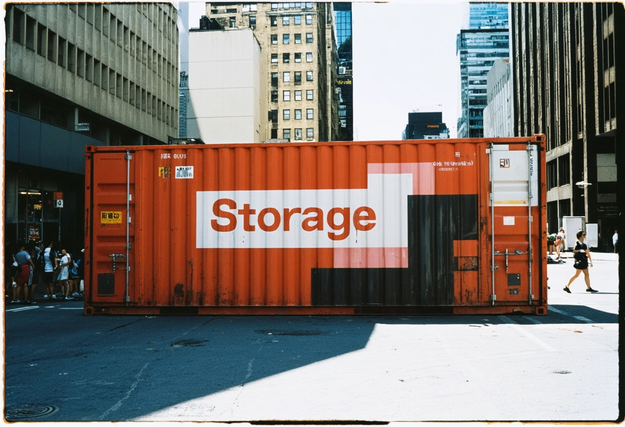 A storage container customized with a company's branding, placed in a busy urban area. Pedestrians