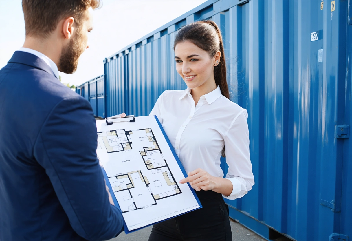 A storage expert consulting with a client in front of a storage container, pointing at